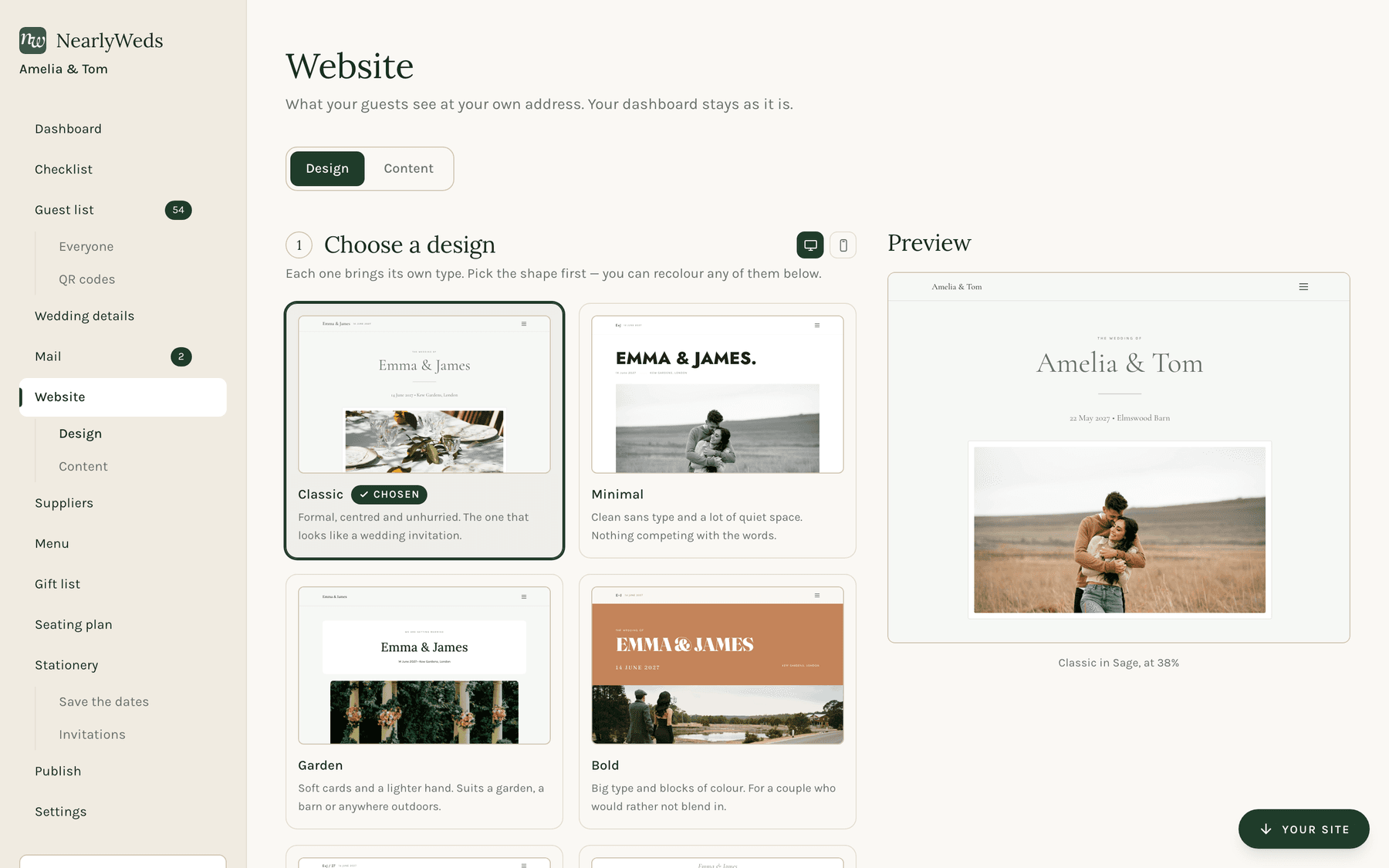 Choosing a design, with each layout shown as a card carrying its own typefaces.