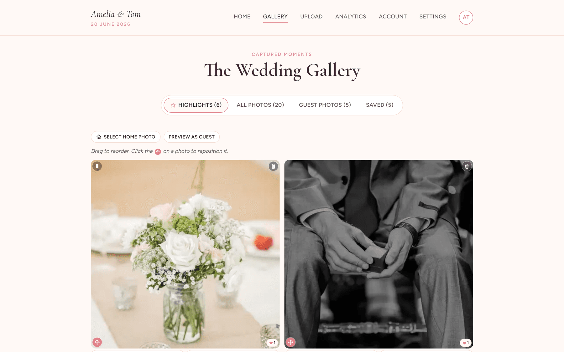 A wedding gallery, its photographs under highlights, all photos, guest photos and saved.