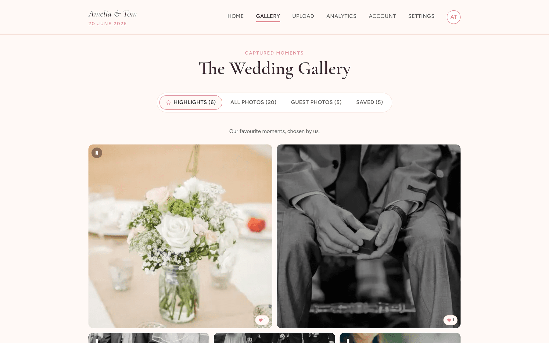 A wedding gallery showing the couple's chosen highlights, with hearts and comments on each photograph.