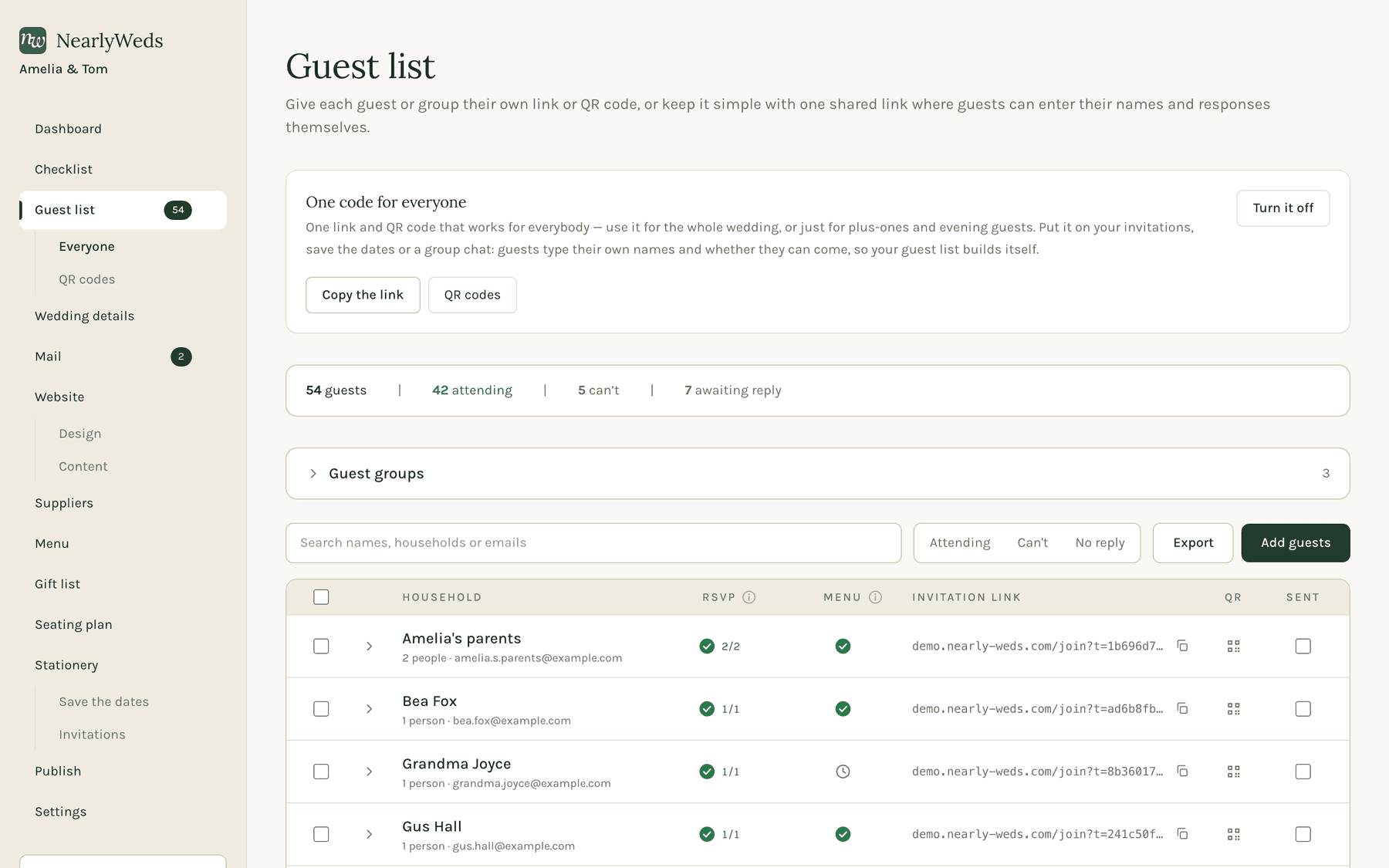 A guest list grouped into households, each row showing who has replied, what they chose to eat and what they cannot.