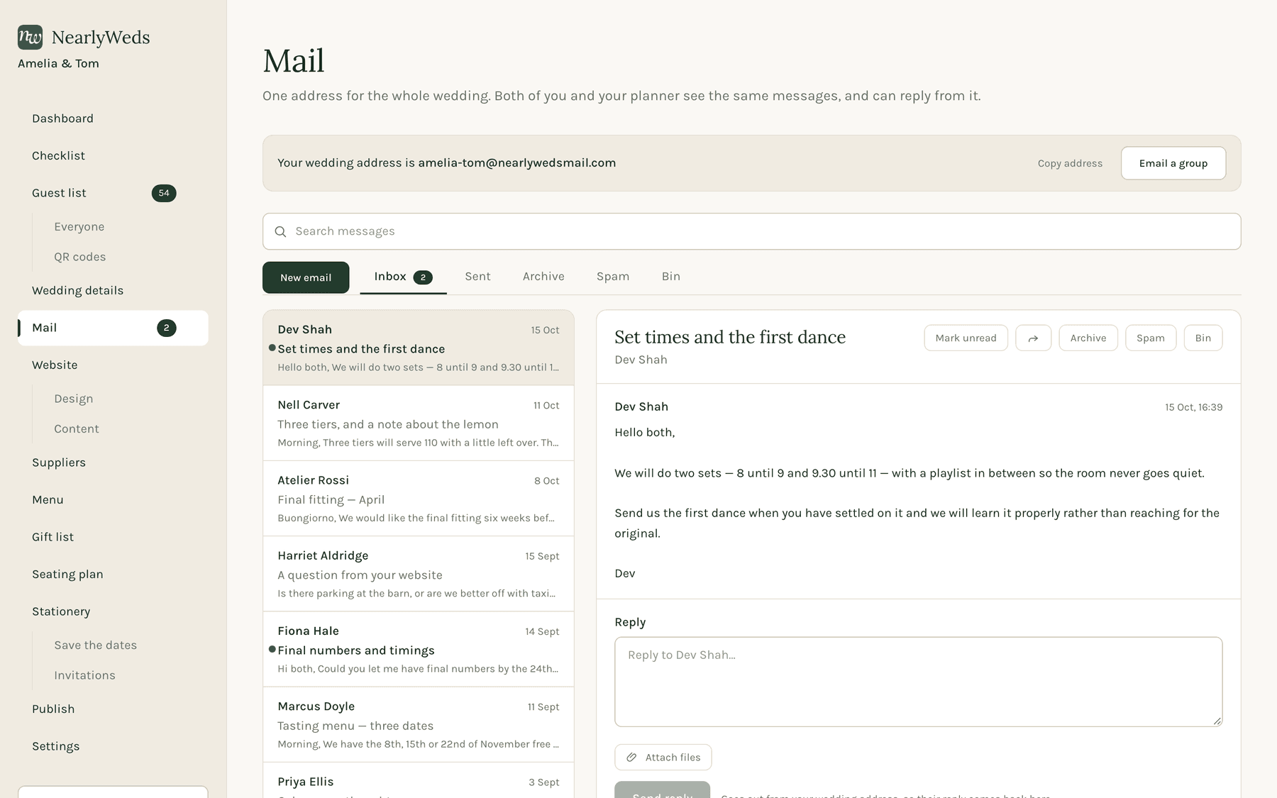 A wedding inbox at the couple’s own address, with messages from the venue, the caterer and a guest.