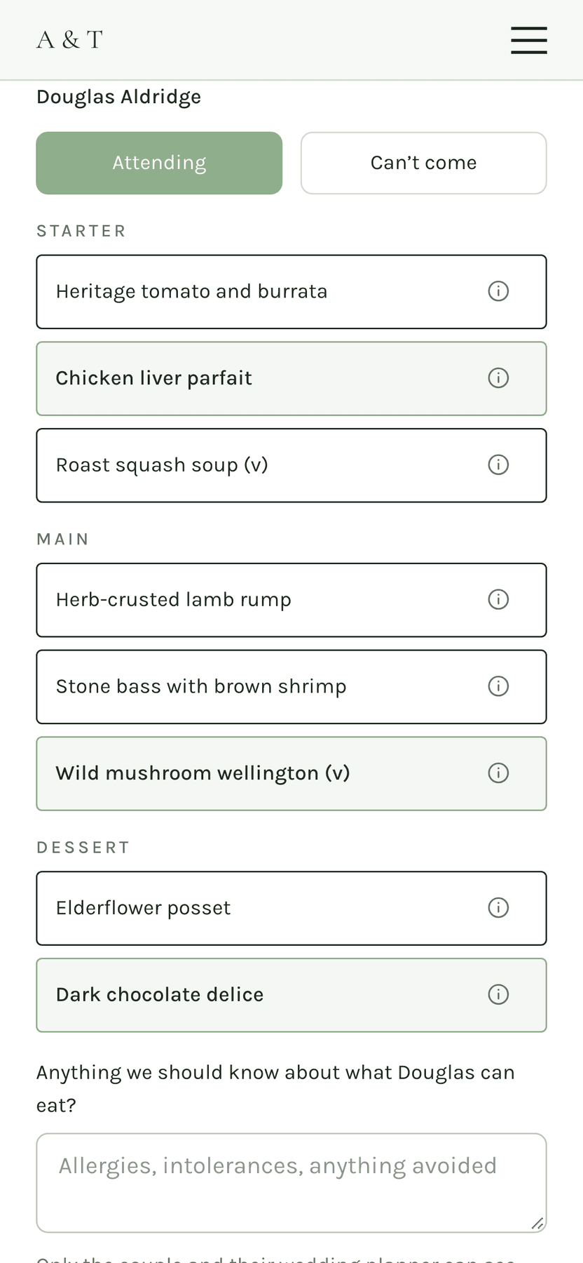A guest's own page on the wedding site, with Coming selected and their choice of starter, main and dessert.
