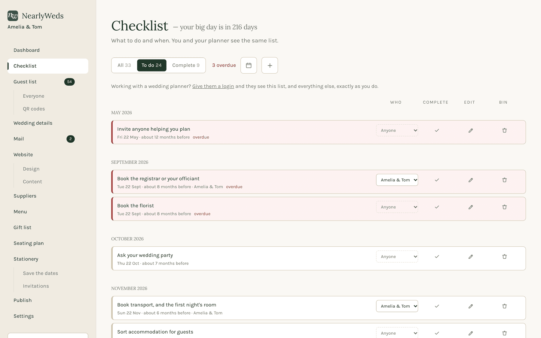 A planning list of UK wedding milestones, dated back from the wedding day, with the ones already passed ticked off.