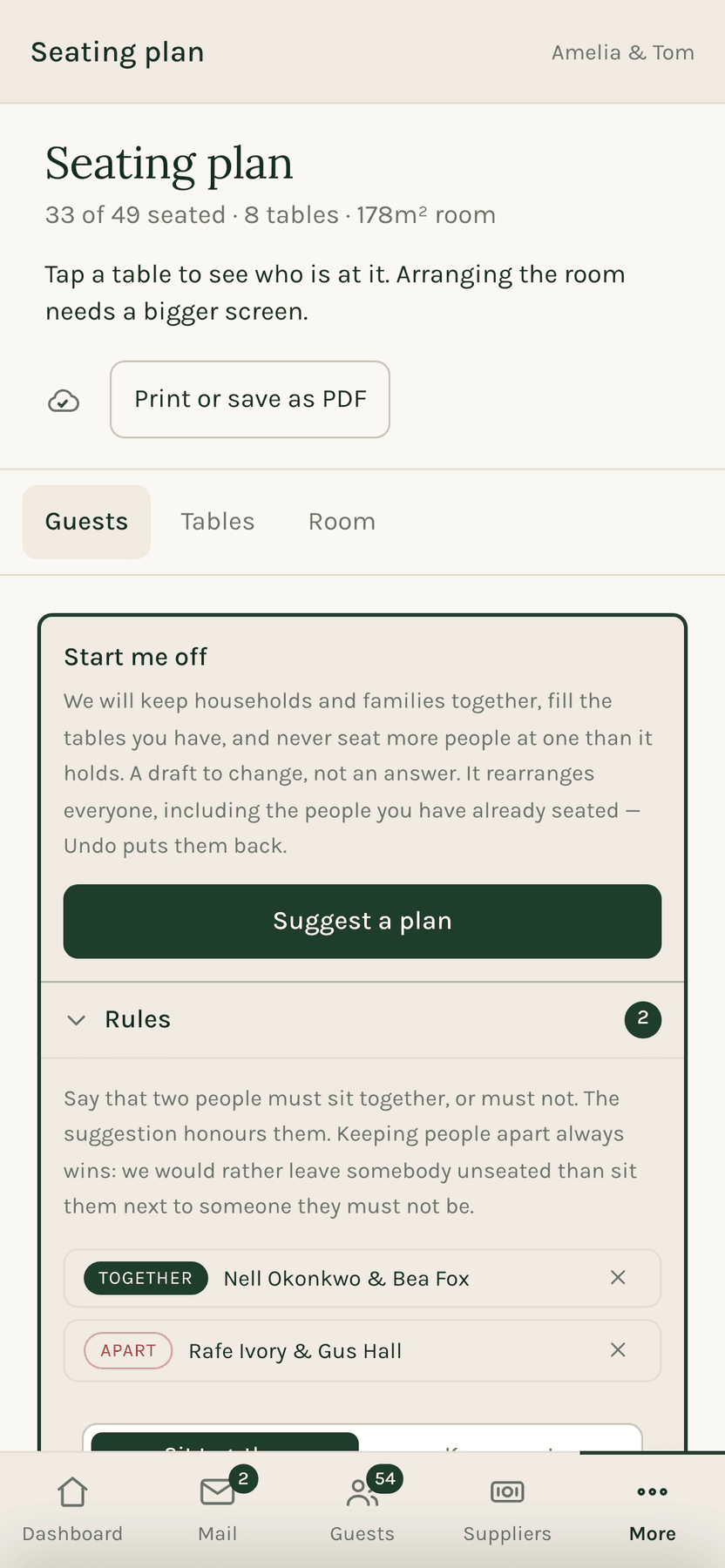 The rules panel on a phone, with a TOGETHER rule for Nell Okonkwo and Bea Fox, an APART rule for Rafe Ivory and Gus Hall, and the Suggest a plan button above them.