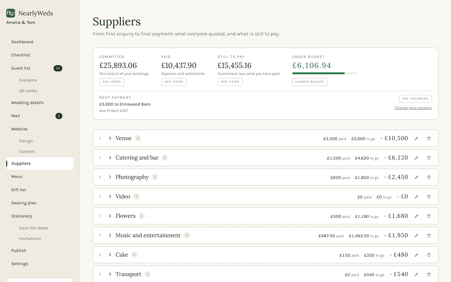 A supplier budget showing committed, paid and still to pay, the next payment due, and each supplier with its quote and balance.